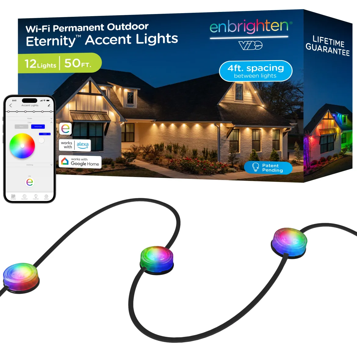Enbrighten VIBE WiFi Color-Changing Permanent Outdoor Eternity Accent Lights, 12 Lights, 50ft. Black Cord