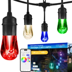 Enbrighten VIBE WiFi Vintage Color-Changing LED Cafe Lights Gen 2, 24 Bulbs, 48ft. Black Cord