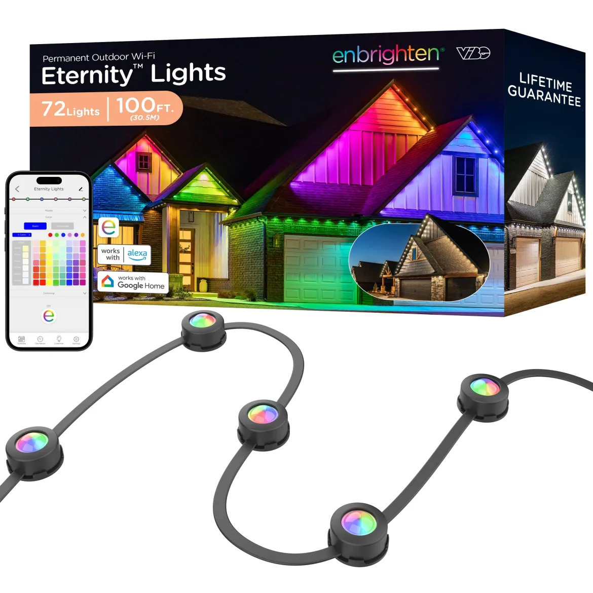 Enbrighten WiFi VIBE Color-Changing Permanent Outdoor Eternity Eave Lights, 72 Lights, 100ft. Black Cord