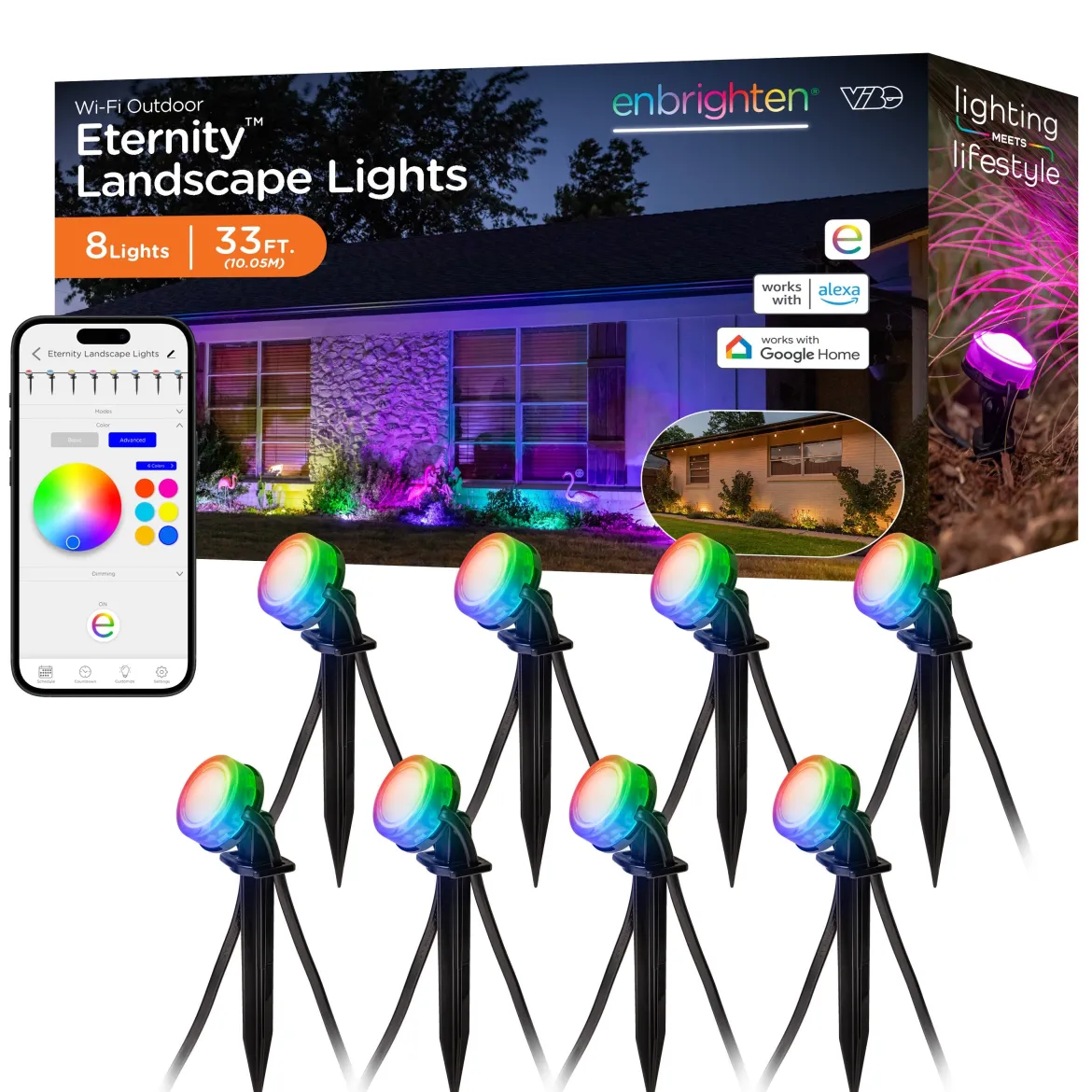 Enbrighten WiFi VIBE Color-Changing Eternity Landscape Lights, 8 Lights, 33ft. Black Cord