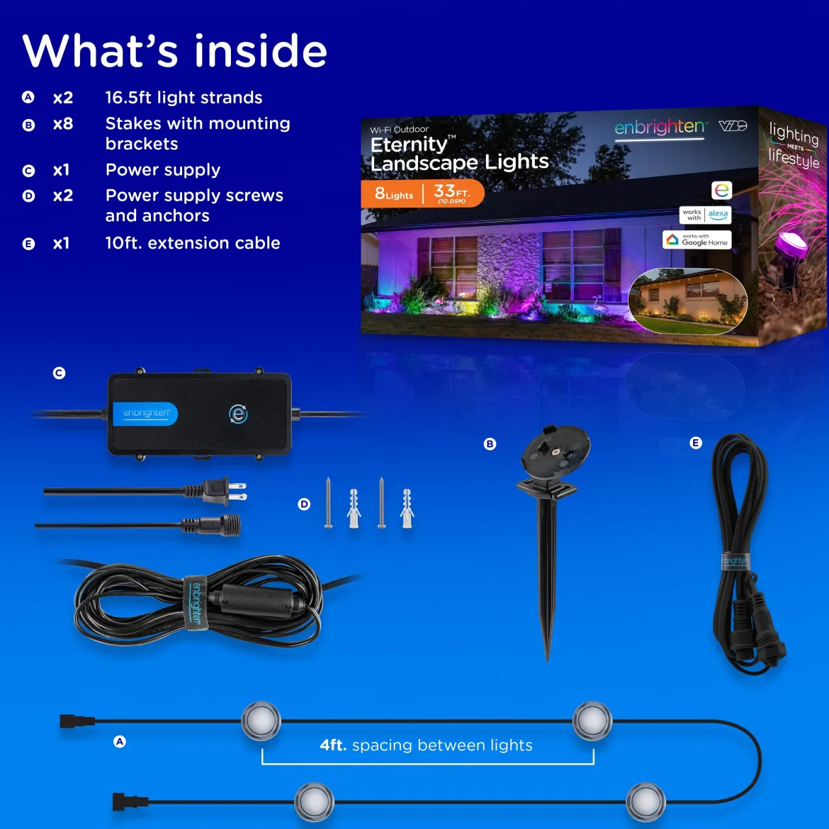 Enbrighten WiFi VIBE Color-Changing Eternity Landscape Lights, 8 Lights, 33ft. Black Cord