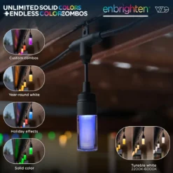 Enbrighten WiFi VIBE Modern Color-Changing LED Cafe Lights, 12 Bulbs, 24ft. Black Cord