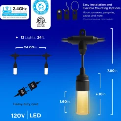 Enbrighten WiFi VIBE Modern Color-Changing LED Cafe Lights, 12 Bulbs, 24ft. Black Cord