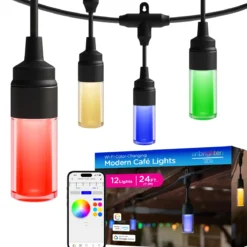 Enbrighten WiFi VIBE Modern Color-Changing LED Cafe Lights, 24 Bulbs, 48ft. Black Cord