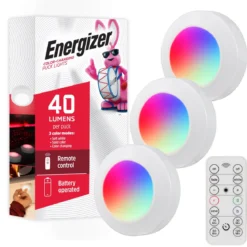 Energizer Battery Operated Color-Changing Dimmable LED Puck Light with Remote, 3 Pack, White