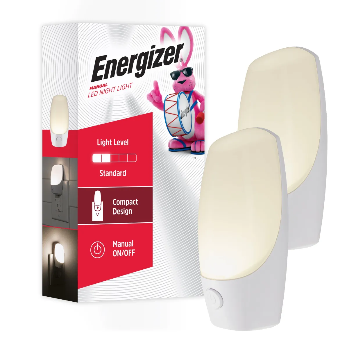 Energizer Manual Button Night Light, 2 Pack, White