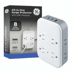 GE All-in-One Surge Protector Wall Tap, 8 Outlets (4 Grounded + 4 Polarized), 2 USB-C & 1 USB-A, 15W Shared, White/Gray