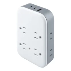 GE All-in-One Surge Protector Wall Tap, 8 Outlets (4 Grounded + 4 Polarized), 2 USB-C & 1 USB-A, 15W Shared, White/Gray