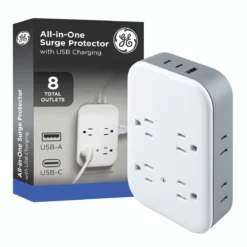 GE All-in-One Surge Protector Wall Tap, 8 Outlets (4 Grounded + 4 Polarized), 2 USB-C & 1 USB-A, 15W Shared, White/Gray