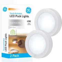 GE Battery Operated Touch Activated LED Puck Lights, 2 Pack, White