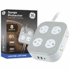 GE-branded Adapt UltraPro 8-Outlet Surge Protector, 2 USB-A, 1 USB-C, 1500 Joules, 6ft., White/Gray