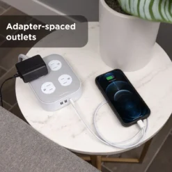 GE-branded Adapt UltraPro 8-Outlet Surge Protector, 2 USB-A, 1 USB-C, 1500 Joules, 6ft., White/Gray