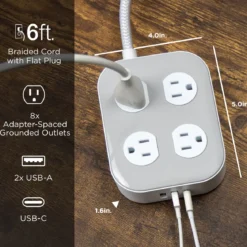 GE-branded Adapt UltraPro 8-Outlet Surge Protector, 2 USB-A, 1 USB-C, 1500 Joules, 6ft., White/Gray