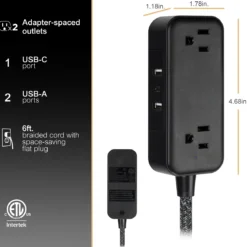 GE-branded Extension Cord with USB Charging 2 USB-A, 1 USB-C, 2 outlets, 6ft. Braided Cord, Black/Gray