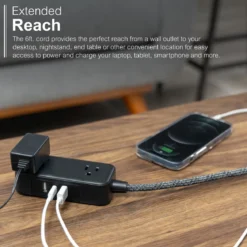 GE-branded Extension Cord with USB Charging 2 USB-A, 1 USB-C, 2 outlets, 6ft. Braided Cord, Black/Gray