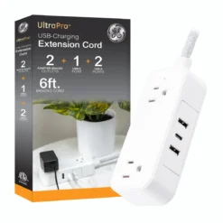 GE-branded Extension Cord with USB Charging 2 USB-A, 1 USB-C, 2 outlets, 6ft. Braided Cord, White/Gray