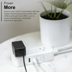 GE-branded Extension Cord with USB Charging 2 USB-A, 1 USB-C, 2 outlets, 6ft. Braided Cord, White/Gray