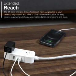 GE-branded Extension Cord with USB Charging 2 USB-A, 1 USB-C, 2 outlets, 6ft. Braided Cord, White/Gray