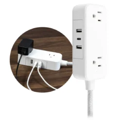GE-branded Extension Cord with USB Charging 2 USB-A, 1 USB-C, 2 outlets, 6ft. Braided Cord, White/Gray