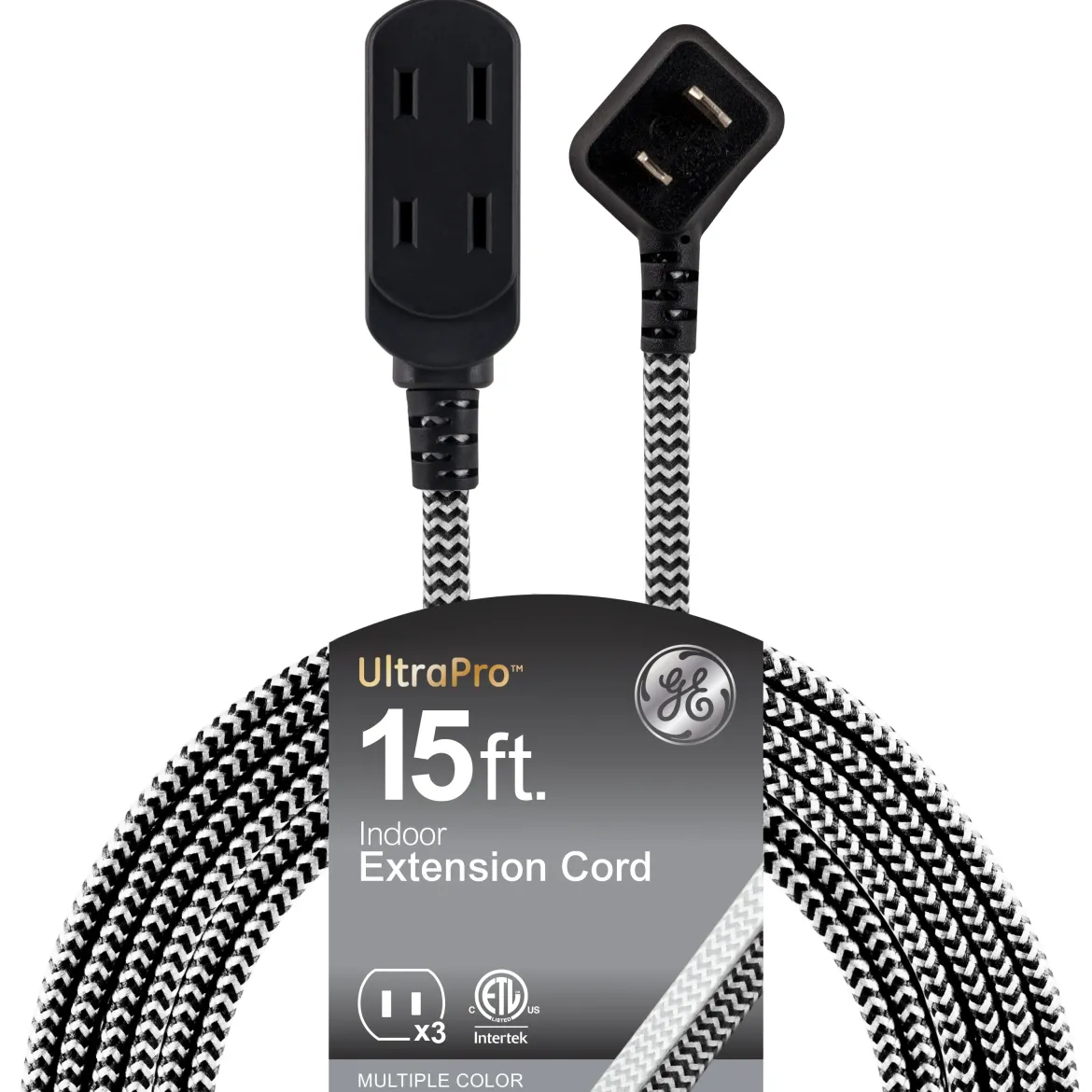 GE-branded 15ft. 3-Outlet Polarized Extension Cord, Black/White, Braided Cord