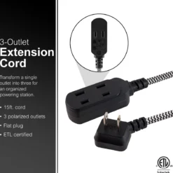 GE-branded 15ft. 3-Outlet Polarized Extension Cord, Black/White, Braided Cord