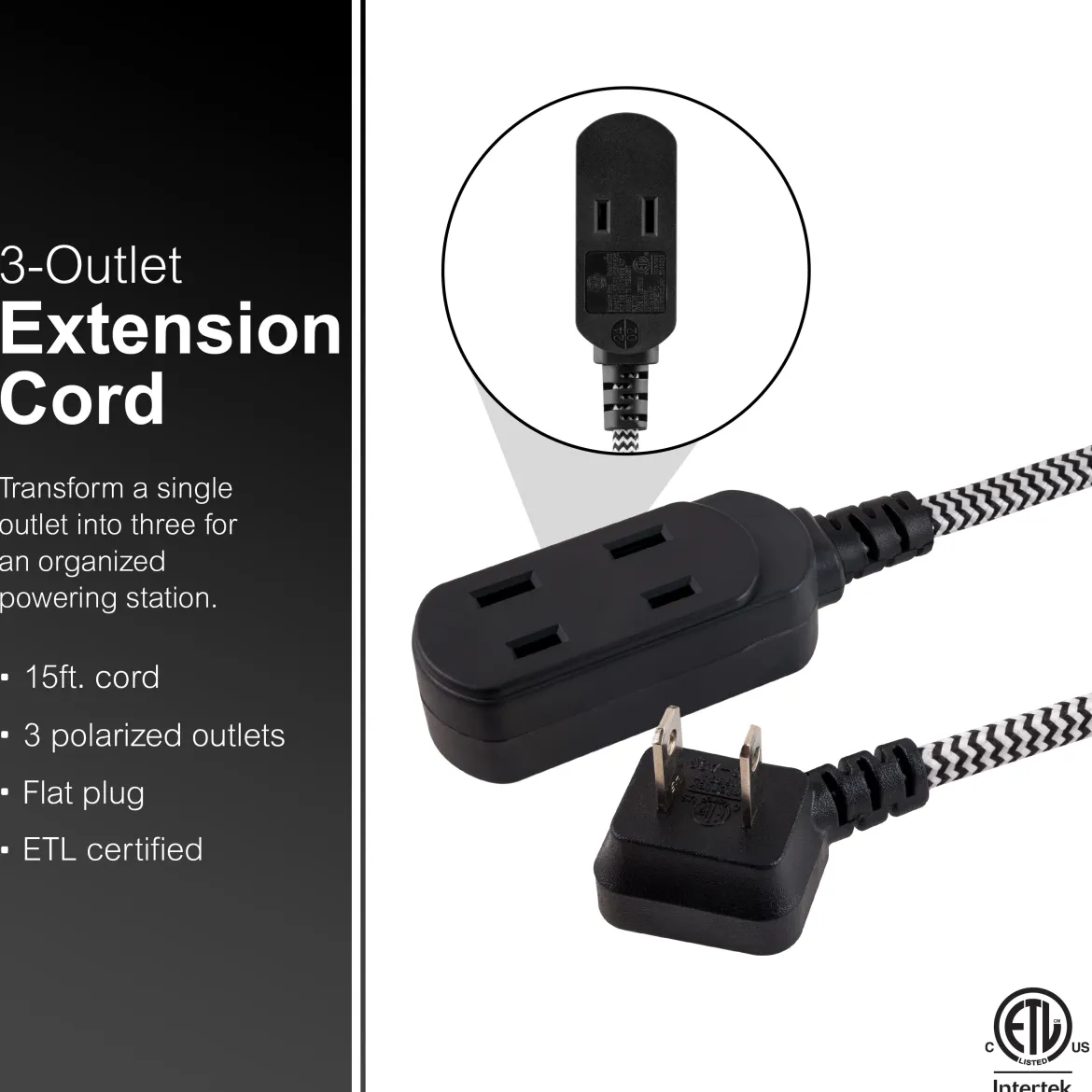 GE-branded 15ft. 3-Outlet Polarized Extension Cord, Black/White, Braided Cord