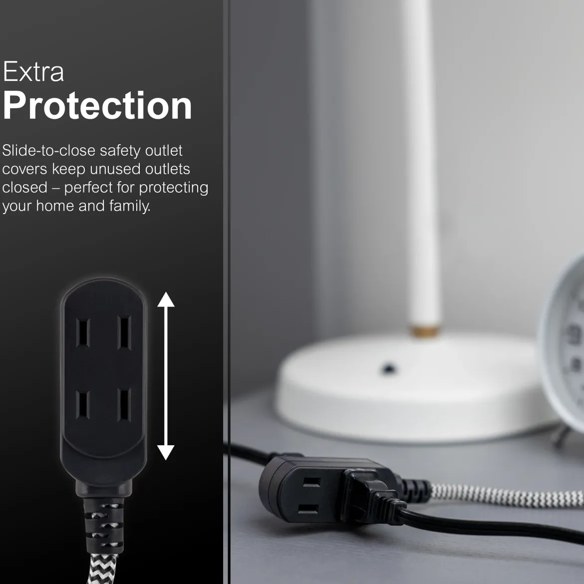 GE-branded 15ft. 3-Outlet Polarized Extension Cord, Black/White, Braided Cord