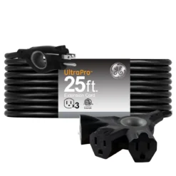 GE-branded 3-Outlet EZGrip Grounded Extension Cord, 25ft., Indoor/Outdoor, Black