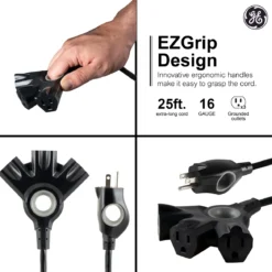 GE-branded 3-Outlet EZGrip Grounded Extension Cord, 25ft., Indoor/Outdoor, Black