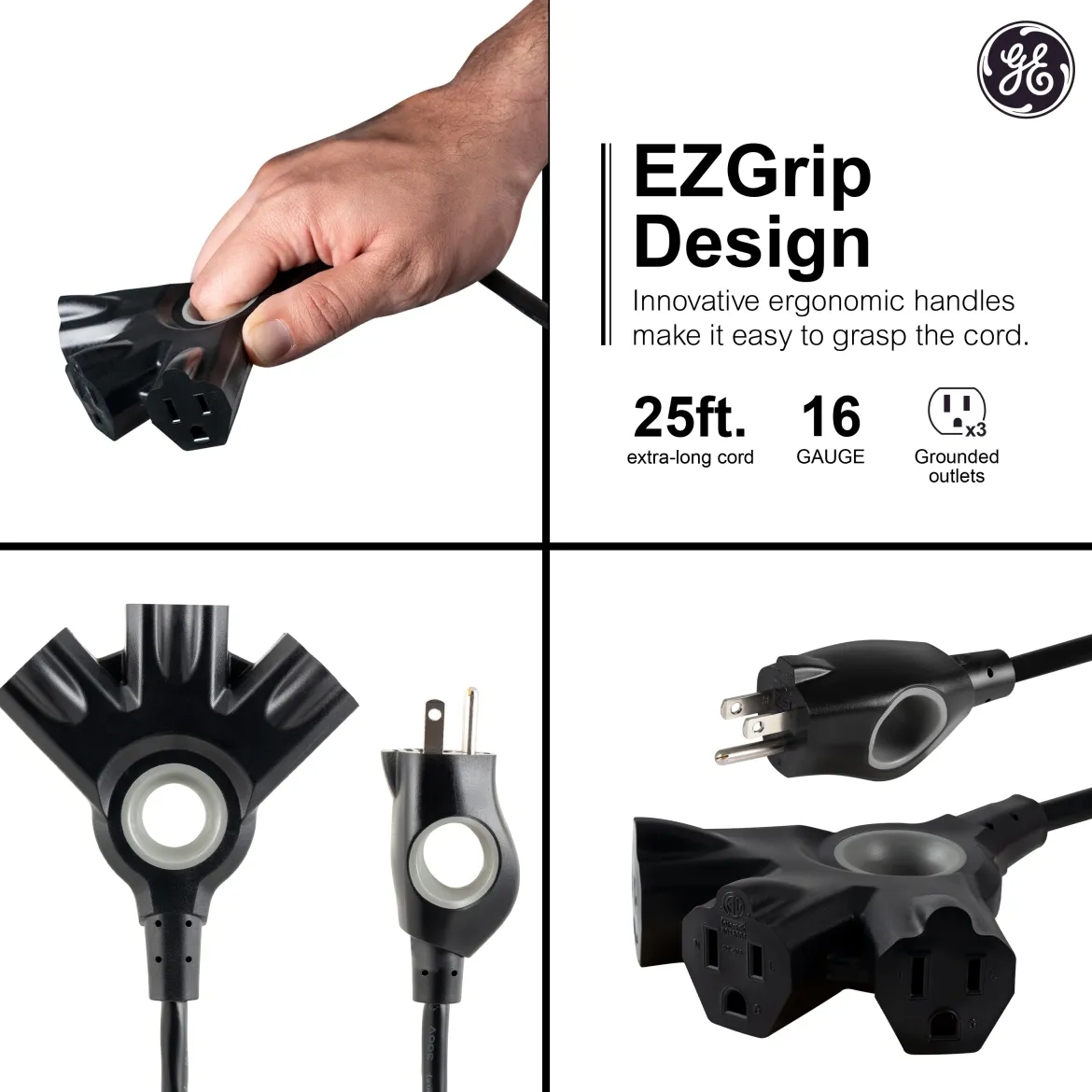 GE-branded 3-Outlet EZGrip Grounded Extension Cord, 25ft., Indoor/Outdoor, Black
