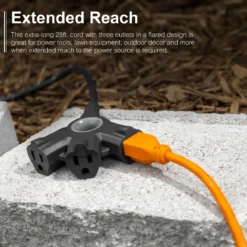 GE-branded 3-Outlet EZGrip Grounded Extension Cord, 25ft., Indoor/Outdoor, Black