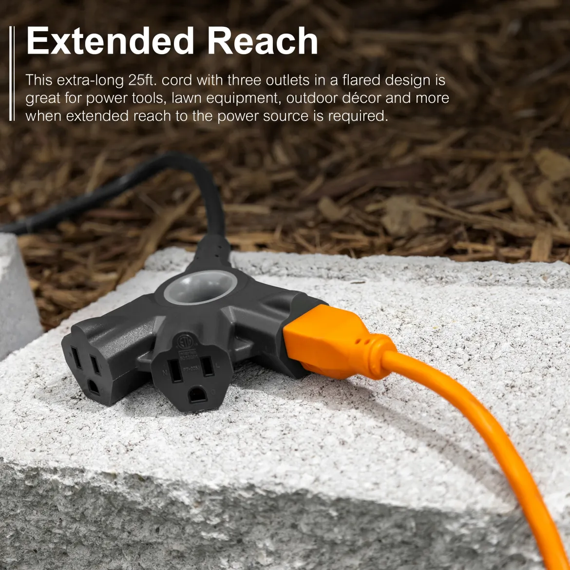 GE-branded 3-Outlet EZGrip Grounded Extension Cord, 25ft., Indoor/Outdoor, Black