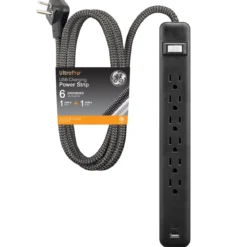 GE-branded 6-Outlet Power Strip with USB, 1 USB-A, 1 USB-C, 6ft., Black