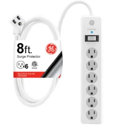 GE-branded 6-Outlet Surge Protector, 800J, 8ft. Cord, Safety Covers, White