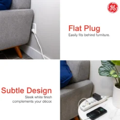GE-branded 6-Outlet Surge Protector, 800J, 8ft. Cord, Safety Covers, White