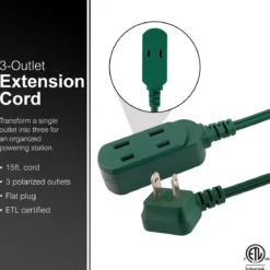 GE-branded UltraPro 3-Outlet Polarized Extension Cord, 15ft., Indoor, Green