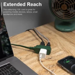 GE-branded UltraPro 3-Outlet Polarized Extension Cord, 15ft., Indoor, Green