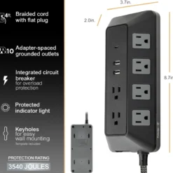 GE-branded UltraPro 10-Outlet Surge Protector, 3540J, 4ft. Braided Cord, Black