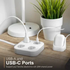GE-branded UltraPro 3-Outlet Surge Protector with USB, 245J, 1 USB-A, 1 USB-C, White