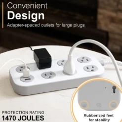 GE-branded UltraPro 7-Outlet Surge Protector, 2 USB-A, 1470 Joules, 4ft., White/Gray