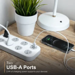 GE-branded UltraPro 7-Outlet Surge Protector, 2 USB-A, 1470 Joules, 4ft., White/Gray