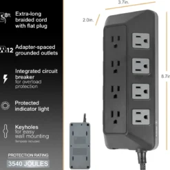 GE-branded UltraPro 12-Outlet Surge Protector, 3540J, 8ft. Braided Cord, Black