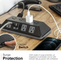 GE-branded UltraPro 12-Outlet Surge Protector, 3540J, 8ft. Braided Cord, Black
