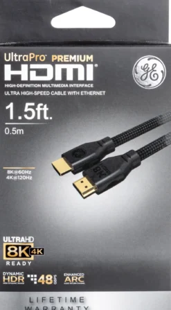 GE-branded UltraPro Premium 8K Ultra High-Speed HDMI 2.1 Cable with Ethernet, 1.5ft., Black