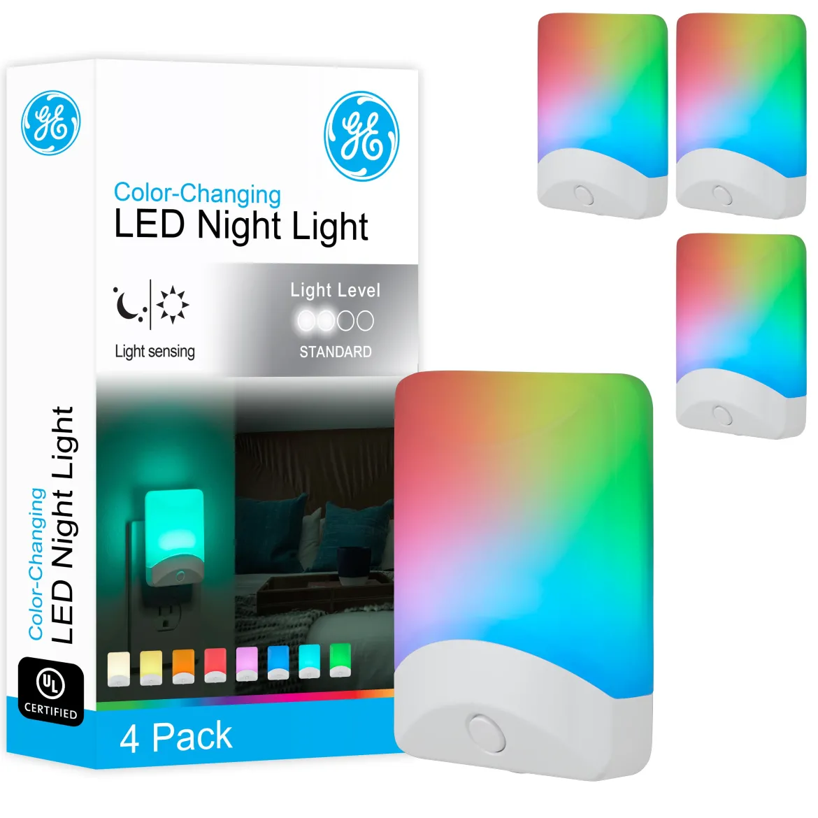 GE Color-Changing LED Night Light, Light Sensing, White, 4 Pack