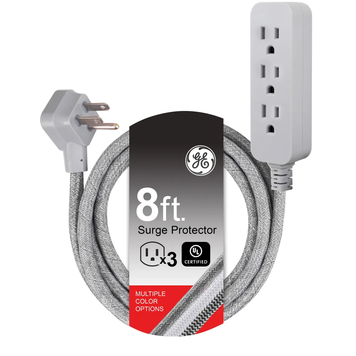 GE Designer Extension Cord, 8ft., 3-Outlet Surge Gray Heather