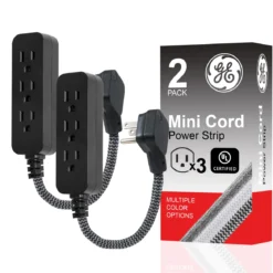 GE Designer 3-Outlet Mini Extension Cord, black/gray, 2pk
