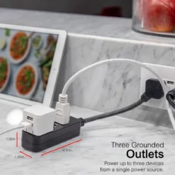 GE Designer 3-Outlet Mini Extension Cord, black/gray, 2pk