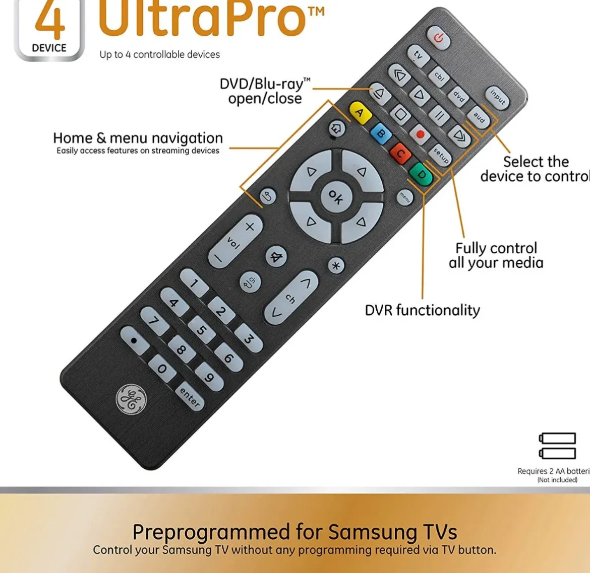 GE 4-Device Backlit Universal Remote, Brushed Graphite