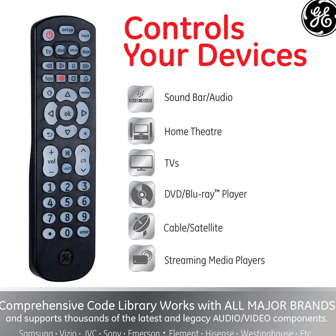 GE 4-Device Backlit Universal Remote, Black